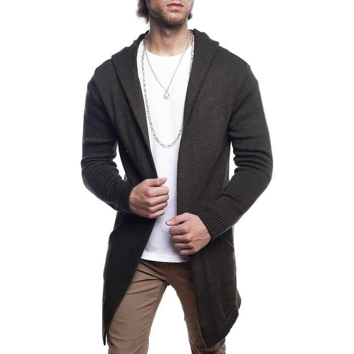 Чоловічий кардиган Carisma з капюшоном, довгий, з боковими кишенями. Зручний кардиган для чоловіків, модель 7601 (L, Хакі)