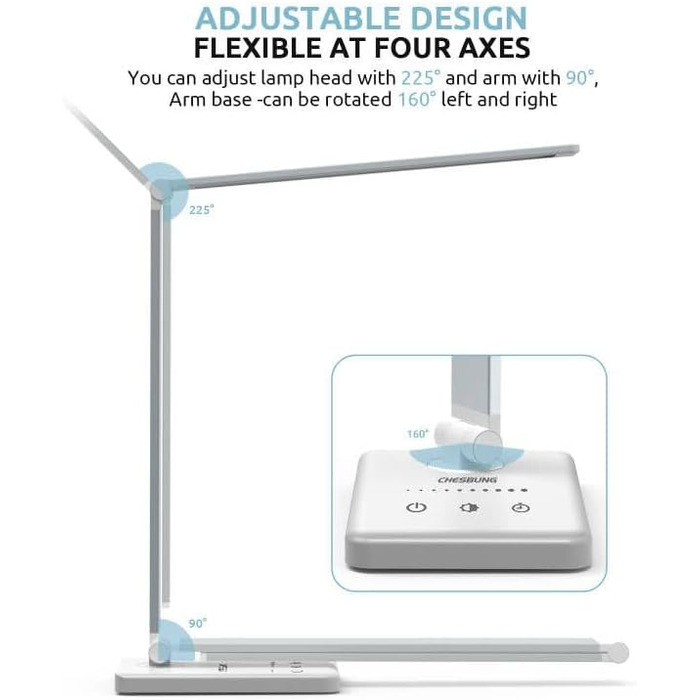 LED лампа настільна дитяча з регулюванням яскравості, 5 кольорів, 10 рівнів, захист очей, сенсорне керування, складана, з акумулятором 2500mAh, срібна