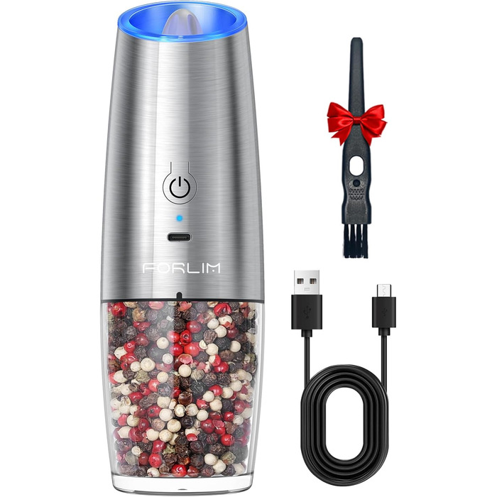 Електрична млинка для перцю та солі FORLIM, 6oz, USB зарядка, з LED підсвічуванням, регульований помел, автоматична робота, нержавіюча сталь, 1 шт, срібляста