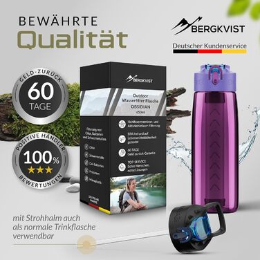 Пляшка-фільтр для води BERGKVIST OBSIDIAN 650 мл з компасом, рожева, для туризму, кемпінгу та виживання