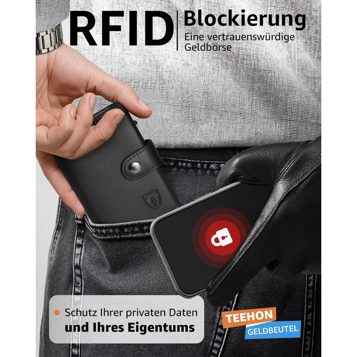 Чоловічий гаманець TEEHON з захистом RFID, з штучної шкіри, з 5 відділеннями для карток, відділенням для грошей та кишенькою для монет, чорний (класичний)