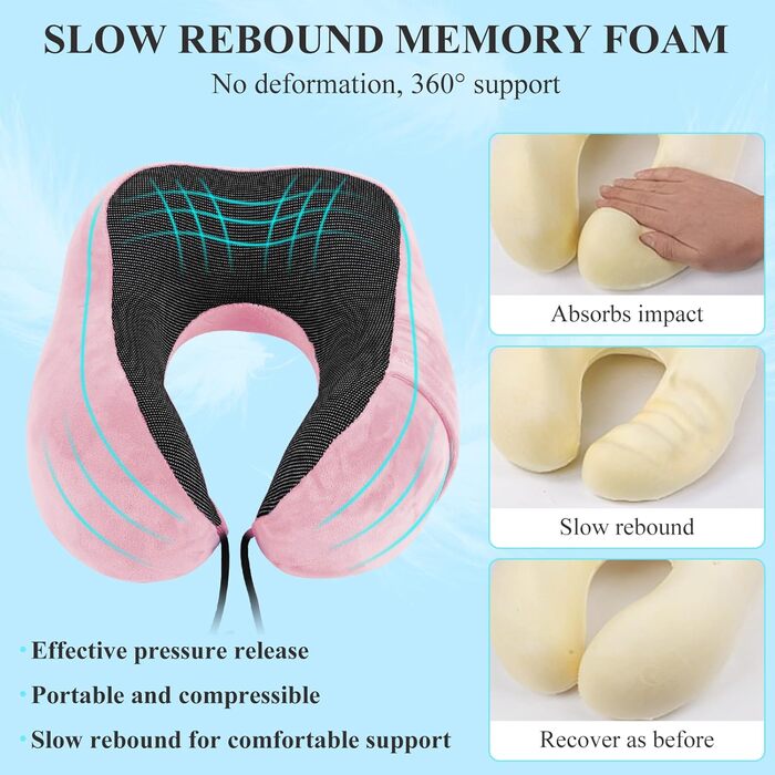 Подушка для шиї у вигляді їжачка Memory Foam для подорожей на літаку/автомобілі. З навушниками, маскою для очей та сумкою. М'яка, дихаюча. Рожева.