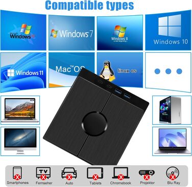 Зовнішній CD/DVD привід USB 3.0 Type-C з картридером SD/TF, портативний CD/DVD записувач для ноутбука, ПК, MacBook (Windows, macOS, Linux)