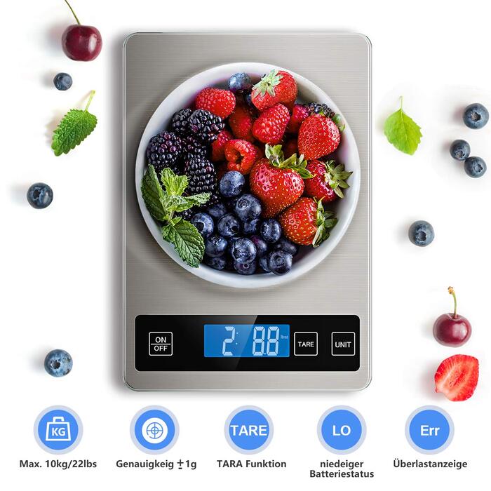 Кухонні ваги NBPOWER Digital 10 кг, електронні ваги з нержавіючої сталі, точність 1 г, сірий/сріблястий колір