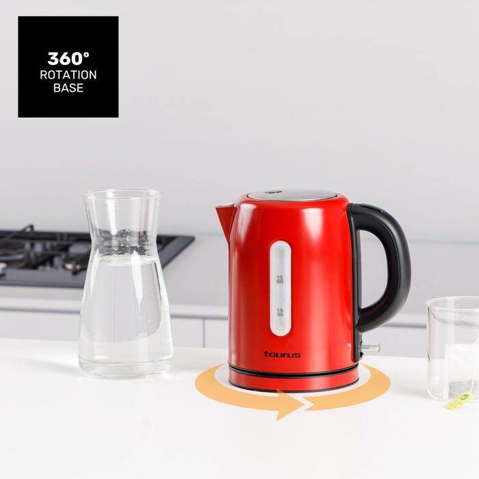 Електричний чайник Taurus Vintage Compact Red 2400W, 1л, 360° обертання, автоматичне відключення, LED-дисплей, без BPA, нержавіюча сталь, індикатор рівня води, ретро-дизайн, червоний