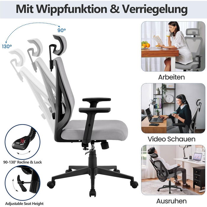 Крісло офісне Yaheetech ергономічне з регульованою підголівником, підлокітниками та поперековою підтримкою, поворотне, з можливістю нахилу 90°-130°, регульоване по висоті (світло-сірий)