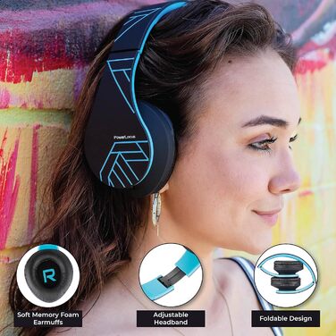 Бездротові навушники PowerLocus Over-Ear з Bluetooth, мікрофоном, складна конструкція, м'які амбушюри, Hi-Fi стерео звук, бас, для дітей та дорослих, TV/PC/Home Office (Чорний/Синій)