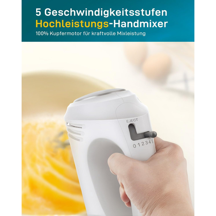 Ручний міксер 350 Вт, 5 швидкостей, з нержавіючої сталі (віночок та гак), ергономічна ручка, довгий кабель, BPA-free – білий KS1 S1