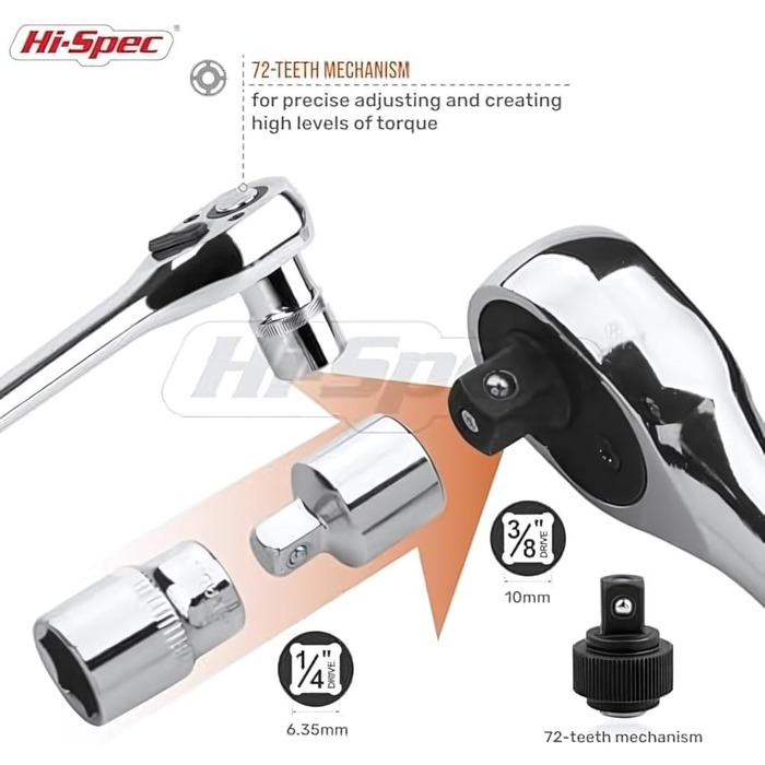 Набір торцевих ключів Hi-Spec 22 шт., дюймовий, 1/4'' і 3/8'' привод, тріскачка, подовжувач, кейс