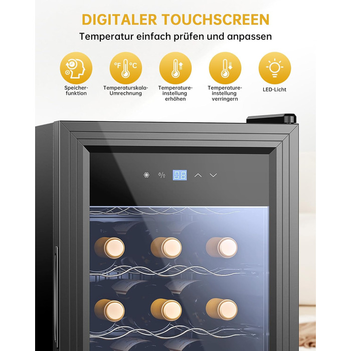 WIE 33L 1-Zone Wine Cooler Fridge - Compact Wine Refrigerator with Glass Door, LED Touch Panel, Anti-UV Protection (18 Bottles)