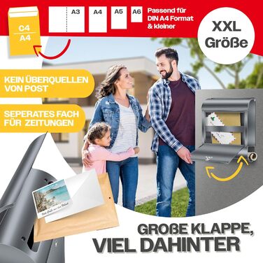 Поштовий ящик настінний KESSER XXL нержавіюча сталь, з газетницею, замок (3 ключі), антрацит