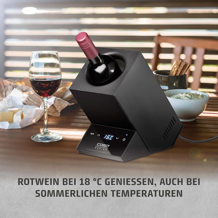 CASO WineCase One Black - Single Bottle Wine Cooler with Temperature Control (5-18°C), Stainless Steel Finish