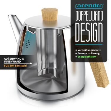 Заварник для чаю Arendo з нержавіючої сталі з ситом, 1000 мл, термос з подвійними стінками та дерев'яними ручками, сріблястий