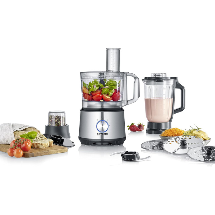 SEVERIN Multifunctional Food Processor for kneading, mixing, grating, shredding, grinding, and more. Food processor with extensive accessories, high-quality multi-grinder, KM 3892 Multifunction: kneading, mixing, grating, shredding, grinding, and more.