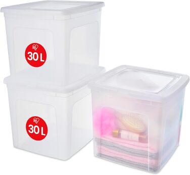 Iris Ohyama Versatile Storage Boxes, 30L, 3-Piece Set, Transparent, Easy-Closing Lid, Stackable, Plastic, For Closet, Shelves, Classroom, Organization, Art Supplies, Shoes, MCB-30