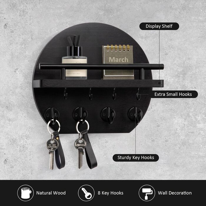 Настінна вішалка для ключів Nekon з полицею та 8 гачками, 24.8 см, чорний колір