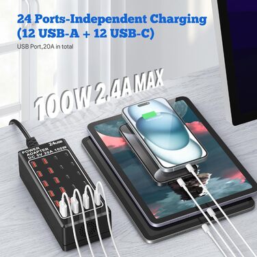 Зарядний пристрій USB-C на 24 порти 100W/20A, настільна USB-станція для iPhone, Samsung, Google, планшетів та ін.