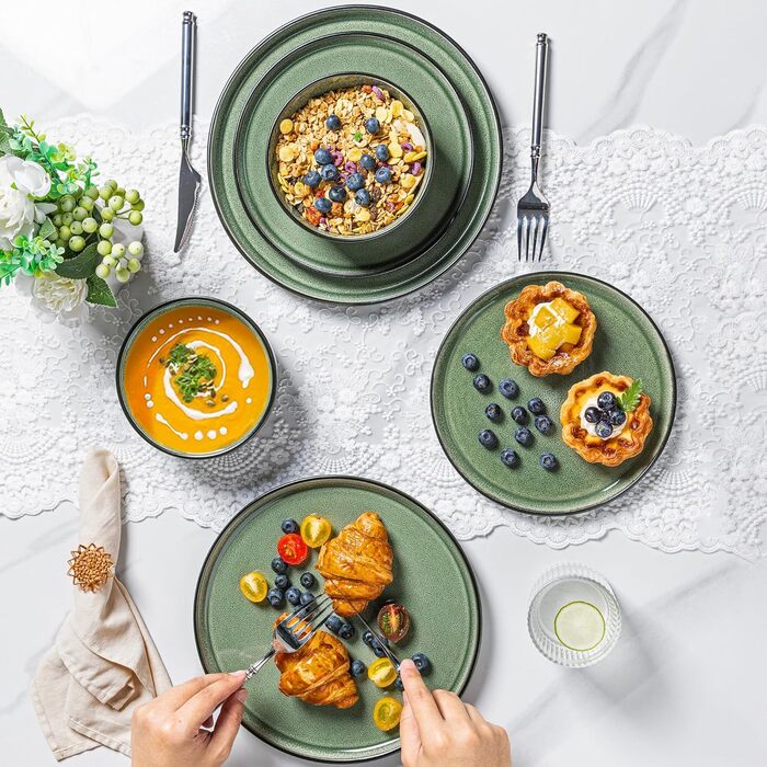 Набір керамічного посуду AmorArc (24 шт.) для 8 осіб: тарілки та миски, реактивна глазур, стійкий до сколів та тріщин, придатний для миття в посудомийній машині та використання в мікрохвильовій печі. Сервіз для 8 осіб (24-teilig), колір: матовий чорний не