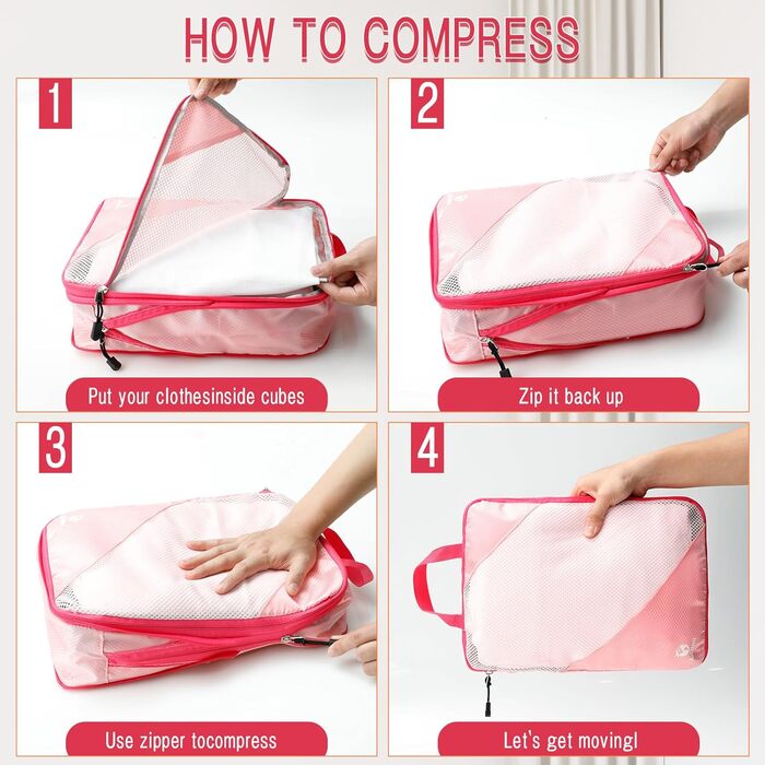Набір органайзерів для валізи AiQInu: 5 шт. з компресією, мішки для білизни та взуття, рожевий