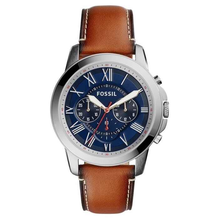 Годинник Fossil Grant для чоловіків: кварцовий хронограф, сталевий або шкіряний ремінець (44 мм, коричневий та синій)
