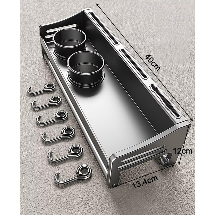 Настінна полиця для спецій, кухонна полиця без свердління, сіра, 50х13.4х12 см. Металевий органайзер для спецій з гачками та 2 тримачами для кухонного приладдя