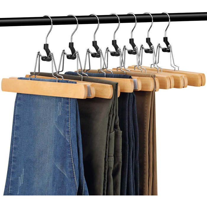 Дерев'яні вішалки для штанів AMKUFO з кліпсами (12 шт.), протиковзні вішалки для спідниць, фіксатори для штанів, надійні дерев'яні вішалки з поворотним гачком 360° (натуральне дерево)