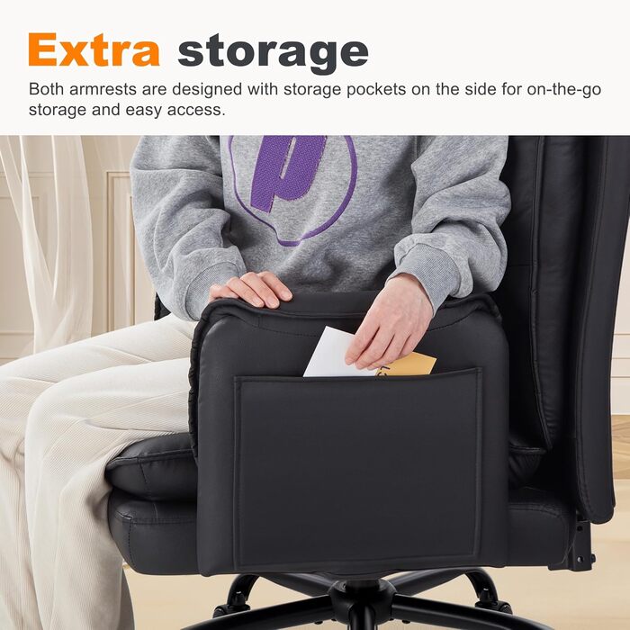 Офісний крісло IWMH з PU шкіри, ергономічне, регульоване, з підлокітниками та реклінером (90-135°), чорне