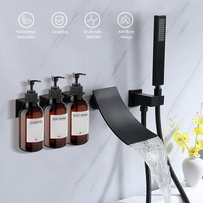 RISAKOGO Soap Dispenser Wall Mount No Drilling, 3-Piece Set 500ml Soap Dispenser Wall Brown Shampoo Dispenser Shower Dish Soap Dispenser Shampoo Dispenser for Kitchen Bathroom