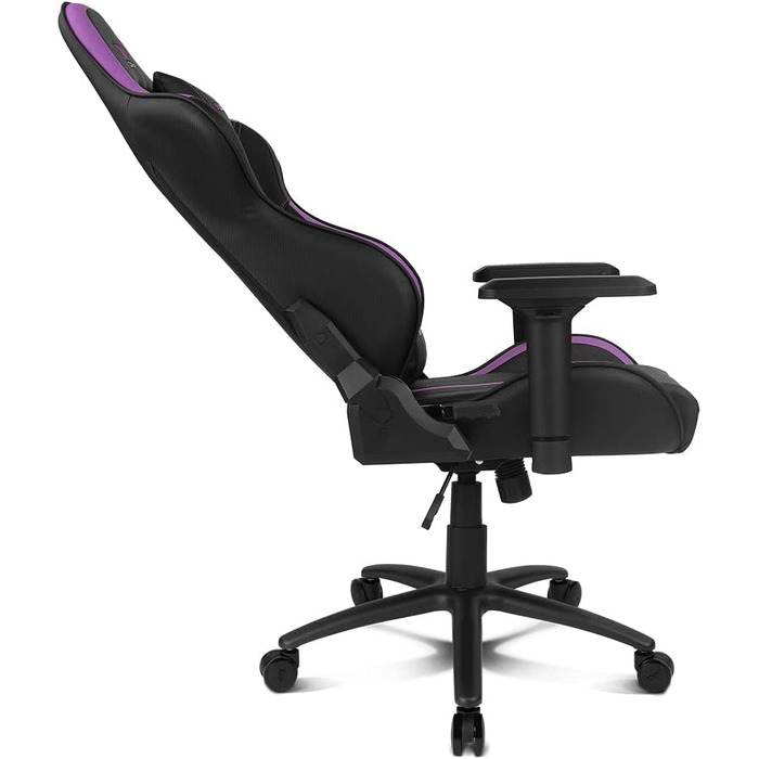 Професійне ігрове крісло DRIFT GAMING DR350 ергономічне, з 4D-підлокітниками, подушками під поперек та шию, нахил 135°, безшумні колеса, чорно-фіолетове