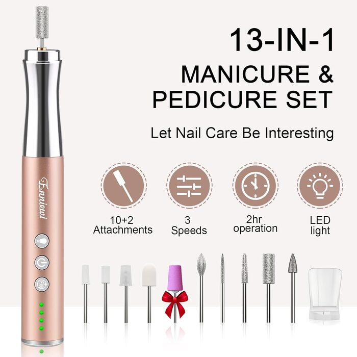 Електричний набір для манікюру та педикюру 13 в 1 Kabellos з підсвічуванням, 25000 об/хв, з пилозбірником, для дому, золото