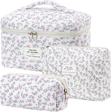 Набір косметичок 3 шт. з квітковим принтом для жінок та дівчат | Косметичка для подорожей та повсякденного використання | Набір косметичок з вишивкою (фіалково-павлинний)