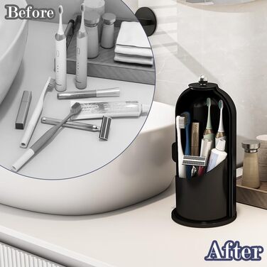 Dustproof Toothbrush Holder with Cover, Rotating Holder for Electric Toothbrush and Toothpaste for Bathroom Countertop, 3 Compartments, Makeup Brush Organizer, Completely Black