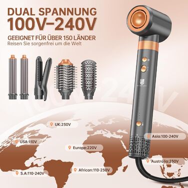 Webeauty Airstyler 7-в-1: фен-щітка, плойка, випрямляч, 110000 об/хв, 25 м/с, 500 млн негативних іонів, сірий золотий