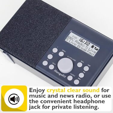 Портативне радіо MD3 DAB/DAB+/FM з Bluetooth, динамік, навушники, 40 станцій, годинник, будильник, таймер, кольоровий дисплей, акумулятор/мережа (Чорний/Сірий)