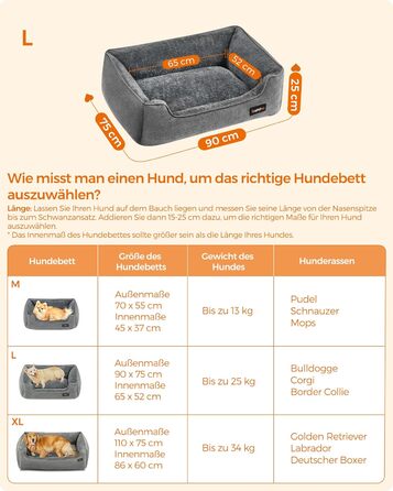 Ліжко для собак Feandrea, м'який лежак для собак з льоновим покриттям, кошик для собак, підняті бортики, неслизьке дно, знімний та пральний чохол, L, для середніх собак, 90 x 75 x 25 см, світло-сірий