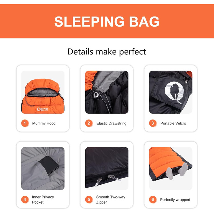 QEZER Ultralight Down Sleeping Bag - 8°C to -3°C for Camping, Hiking, and Trekking - 3 Season Sleeping Bag