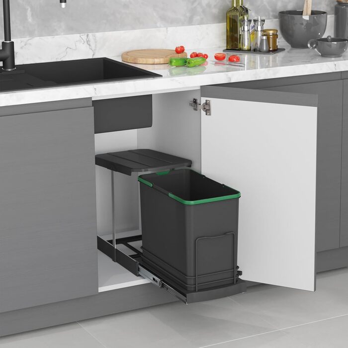 Відро для сміття Emuca кухонне з підскладною фіксацією, 2 висувні контейнери по 20 л, загальний об'єм 40 л (2 x 20 л), сталь та пластик, сірий колір.