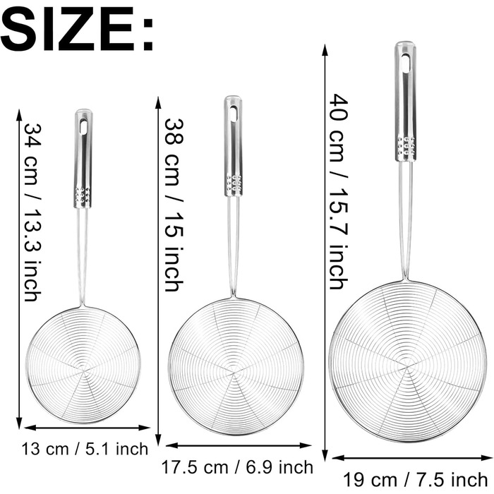 Набір з 3 шт. шумівки з нержавіючої сталі, фільтр для бульбашок та жиру, кухонне сито з нержавіючої сталі, 3 розміри
