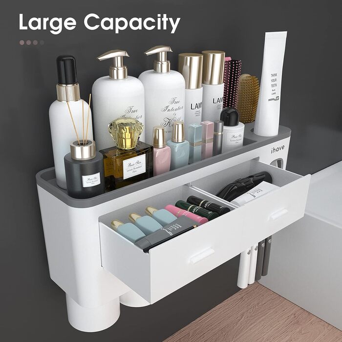 iHave Toothbrush Holder Wall Mounted, 4 Cup Toothbrush Holder with Toothpaste Dispenser - Tray with Large Capacity, 2 Cosmetic Drawers - Bathroom Organizer Storage, White
