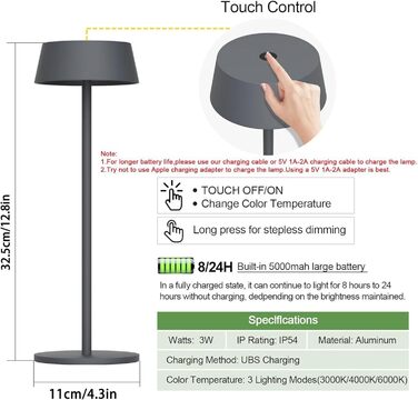 Світлодіодний акумуляторний настільний світильник Klighten з димером, сенсорний, металевий, алюмінієвий, IP54, перезаряджуваний, тепле біле світло 3000K, антрацит