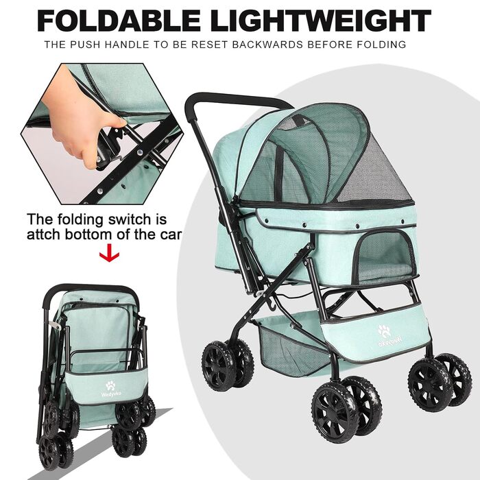 Візок для собак Wedyvko до 20 кг, 4 колеса, складаний, для маленьких та середніх собак та котів, з кошиком для зберігання та тримачем для напоїв (зелений)