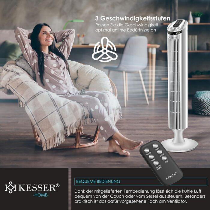 Турбо вентилятор KESSER® з пультом керування | 90° кут осциляції | 3 швидкості | 90 см | Таймер | Turbo функція | Стовпчастий вентилятор | Сріблястий колір