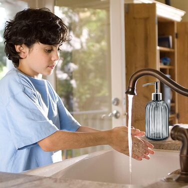 Набір з 2 скляних дозаторів для мила з помпою, 400 мл, для мила, шампуню, лосьйону, багаторазові, для кухні, ванної, пральні (темно-сірий)