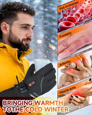Електричні гріючі рукавички для жінок та чоловіків, зимові рукавички з підігрівом, чорні, з акумулятором 7.4V 6000mAh, 3 режими нагріву, сенсорний екран, водонепроникні