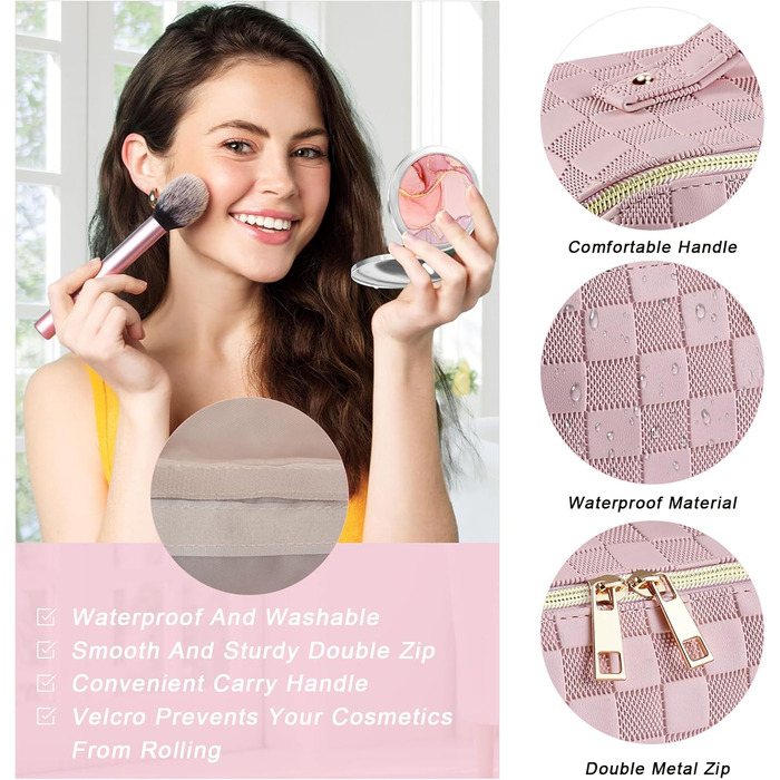 Жіноча косметичка для подорожей з великим об'ємом, водонепроникна, з перегородками, органайзер (кремовий абрикос) (рожевий пудра)