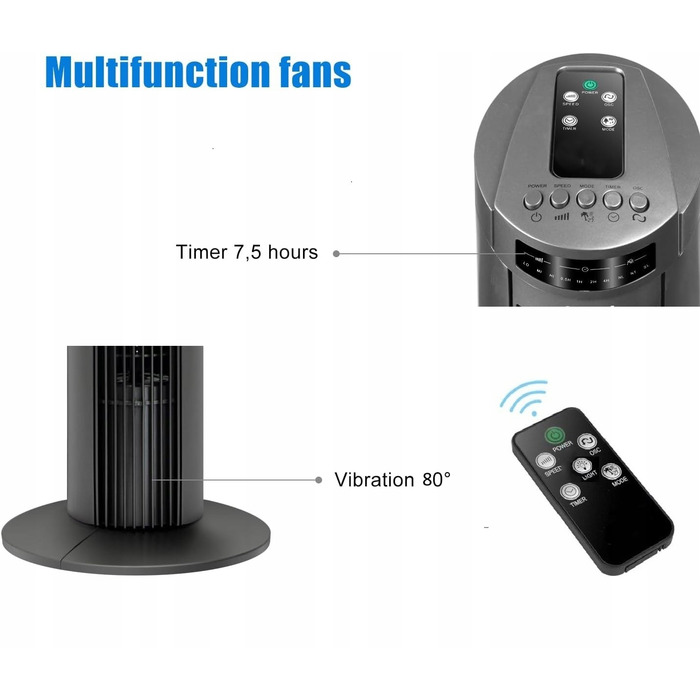 Колонний вентилятор Tower TermHoff TWS04, 85 см, з пультом керування, осциляцією та 3 режимами роботи