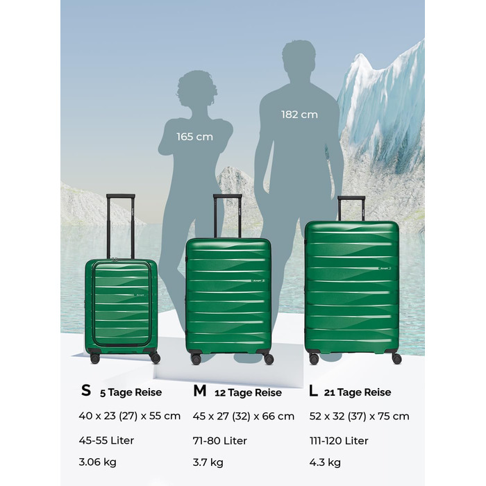 Чемодан середнього розміру з жорстким корпусом, розкладний, з відділенням для ноутбука | Trolley, 45 x 27 x 66 см, поліпропілен, 3.7 кг, TSA-замок, подвійні колеса (Ізумрудно-зелений металік)