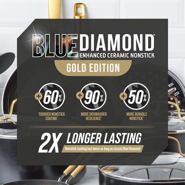 Набір посуду Blue Diamond Gold для індукційних плит, 14 предметів, з діамантовим керамічним антипригарним покриттям (без PFOA та PFAS), чорний