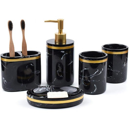 Набір аксесуарів для ванної кімнати, 5 шт., чорний, люкс, мармуровий малюнок, зубна щітка, дозатор мила, стакан, мильниця