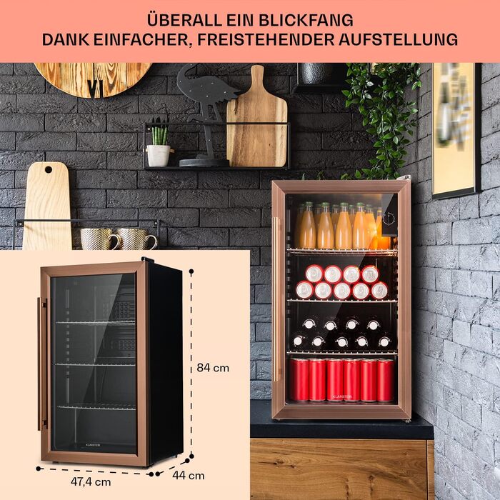 Klarstein Mini Fridge with Glass Door - 80L Compact Beverage Cooler with Adjustable Shelves & Wave Design Racks - Quiet Operation, Copper Metallic Finish